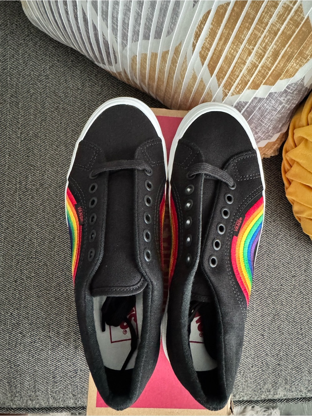 Vans Black Canvas Low-Top Sneakers with Rainbow Side Stripe - Picture 2 of 5